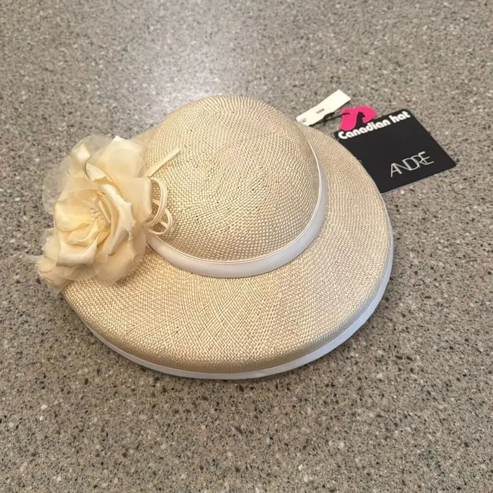ANDRE Canadian Vintage Silk Rose Straw Tilt Hat NWT Deadstock Derby Hat *NEW*